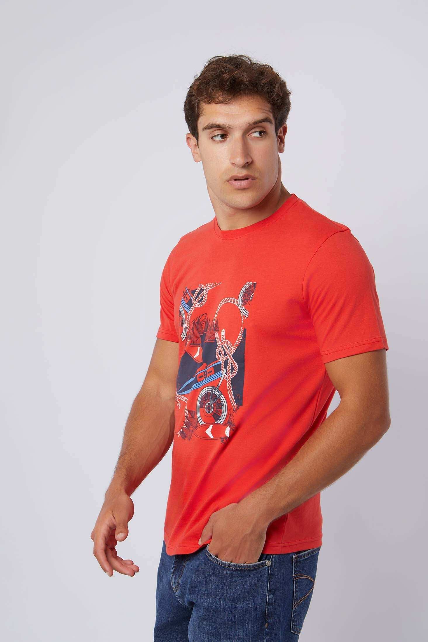 Dalydress men's red graphic t-shirt with nautical design and blue jeans, casual fashion