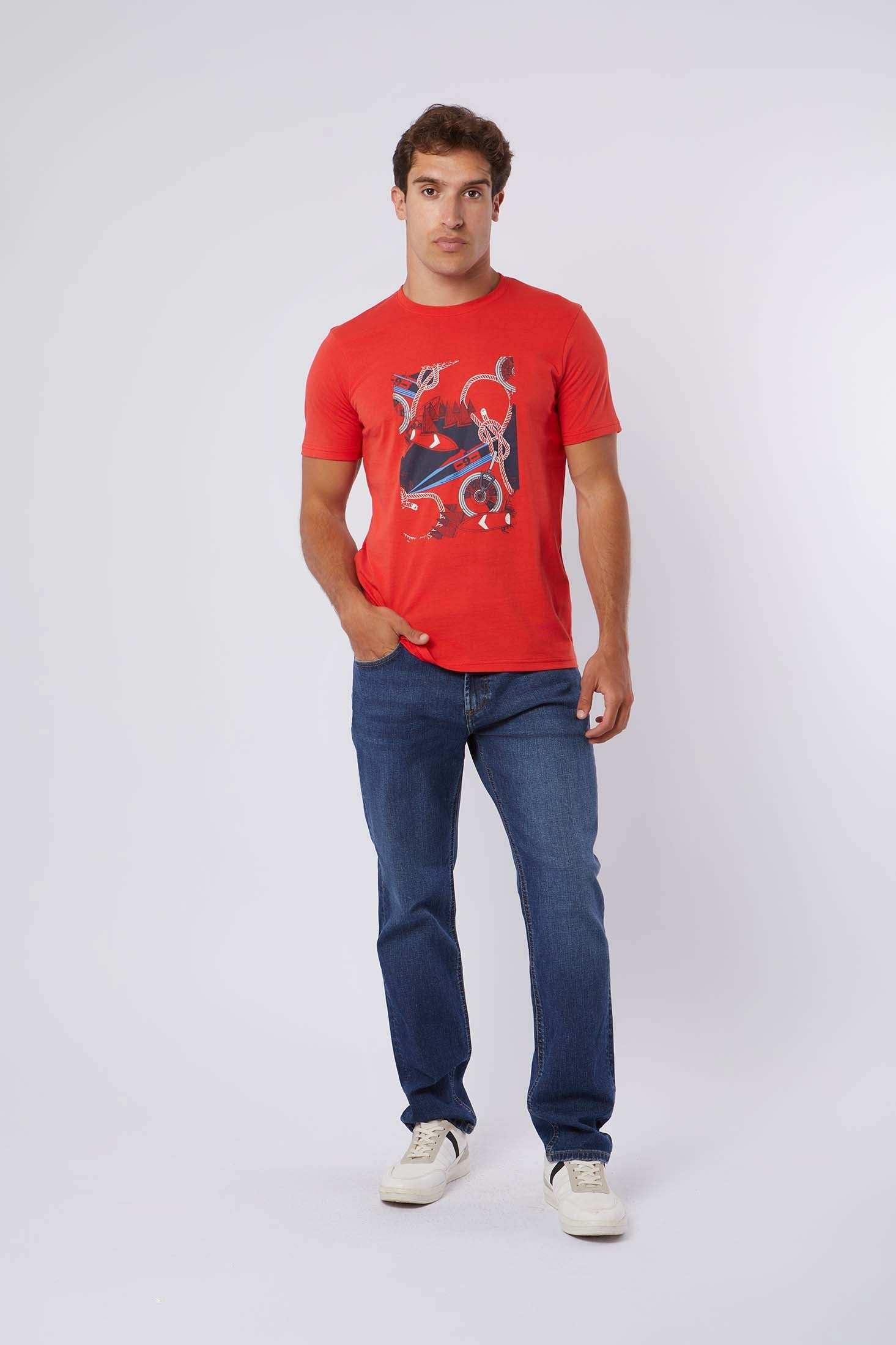 Dalydress casual men's red graphic t-shirt, blue jeans, and white sneakers