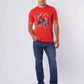 Dalydress casual men's red graphic t-shirt, blue jeans, and white sneakers