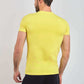 Man wearing a plain yellow short-sleeve t-shirt, back view, with black pants