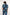Man wearing blue tropical leaf print short sleeve shirt and denim jeans, back view