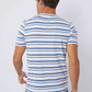 Back view of man wearing a white and blue striped short-sleeve t-shirt with jeans