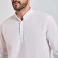 Men’s white mandarin collar shirt with button placket, long sleeves, modern casual style