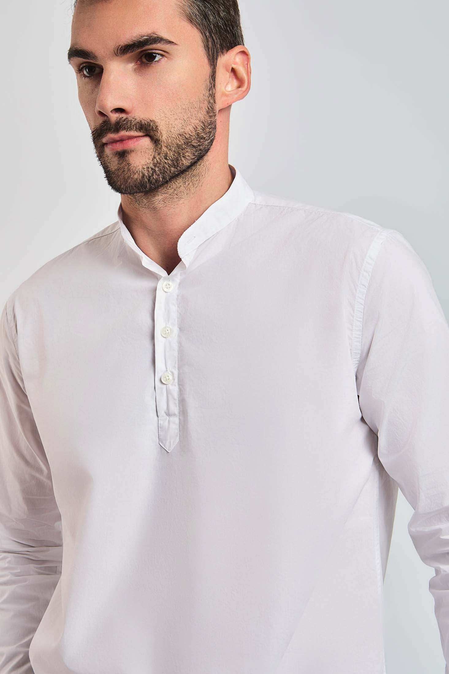 Men’s white mandarin collar shirt with button placket, long sleeves, modern casual style