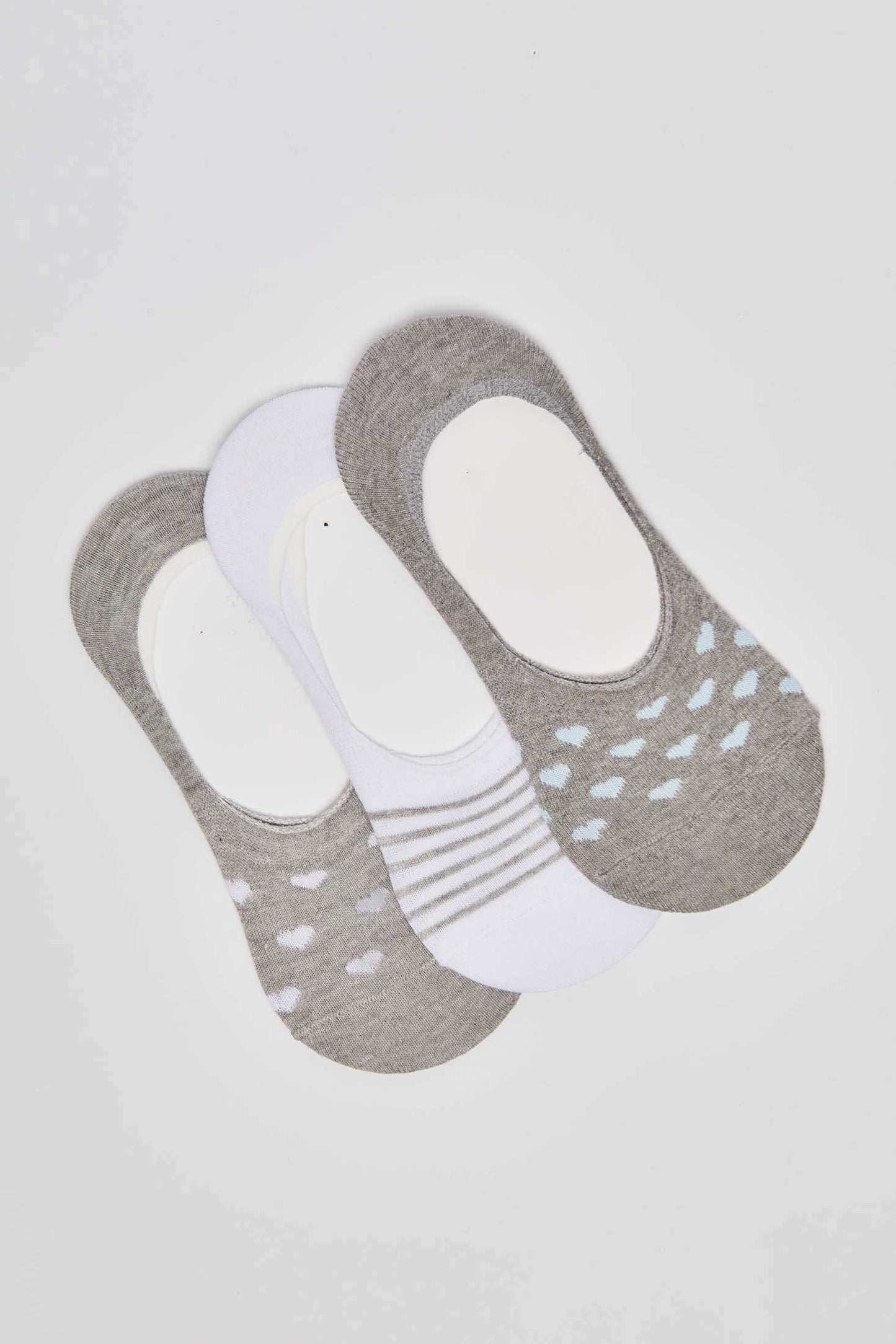 Hearts & Stripes Patterned No-Show Socks - Set of 3