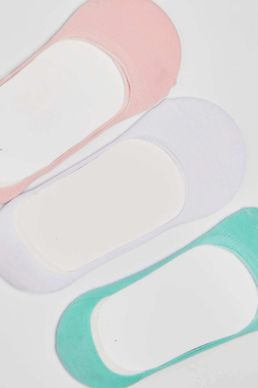 Set of pastel no-show socks in pink, white, and mint green on a white background