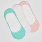 Set of three no-show socks in mint green, white, and pink on white background