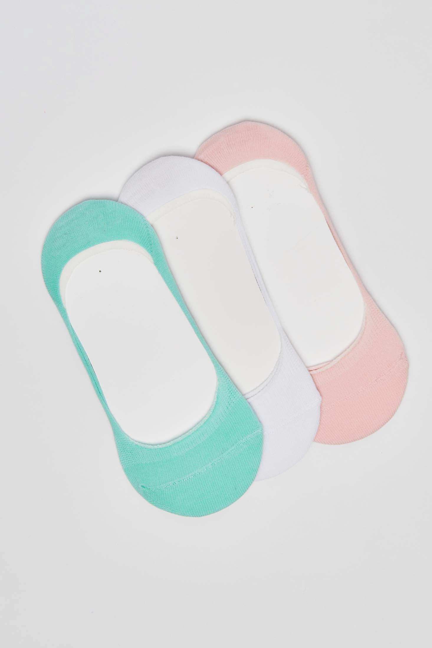 Set of three no-show socks in mint green, white, and pink on white background