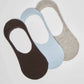 Set of three no-show socks in black, light blue, and grey on white background