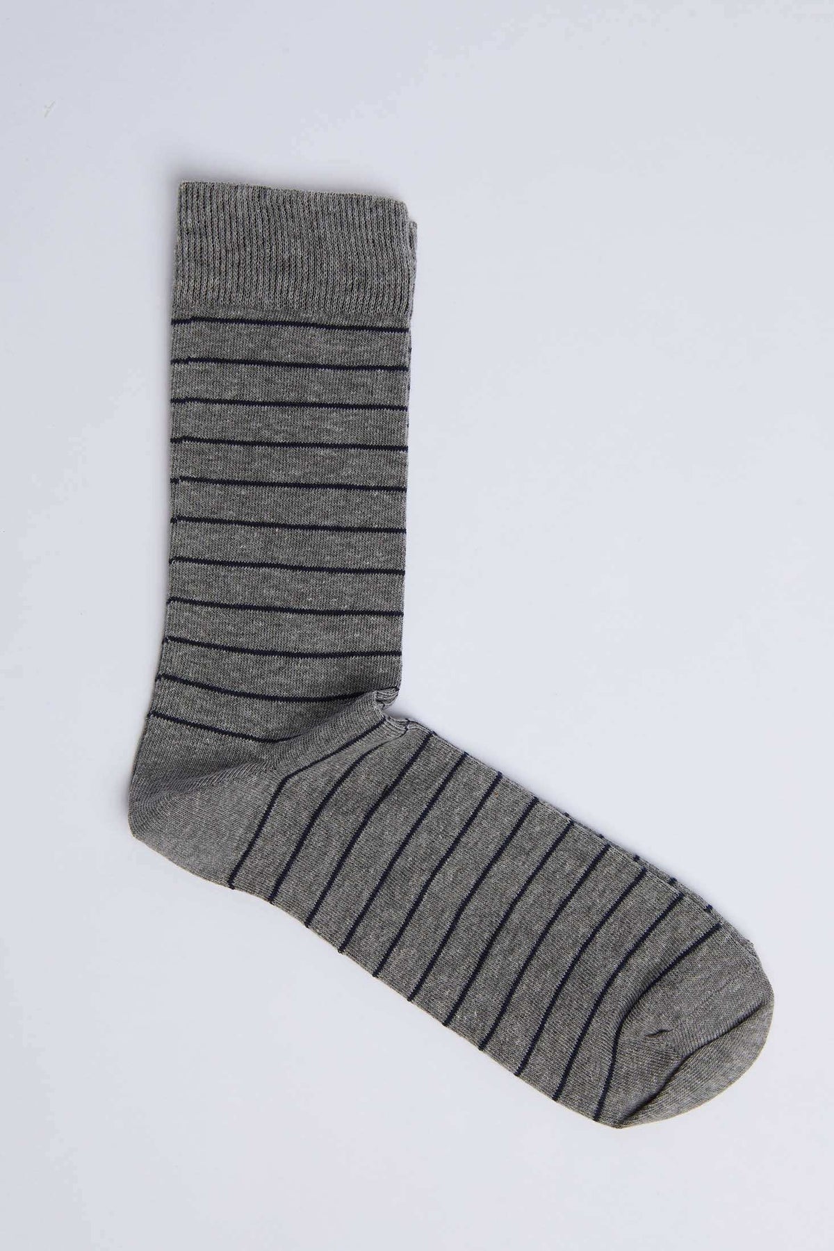 Gray crew sock with thin black horizontal stripes on white background