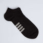 Black ankle sock with grey stripe accents, athletic casual wear on white background