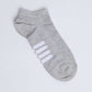 Gray ankle sock with white stripe accents on plain background