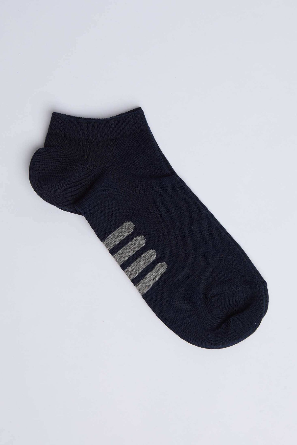 Navy blue ankle sock with gray stripes, casual men's or women's footwear accessory