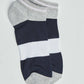 Pair of ankle socks with grey toes and cuffs, navy body, and white stripe detail
