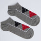 Grey ankle socks with black, red, and white argyle pattern on white background
