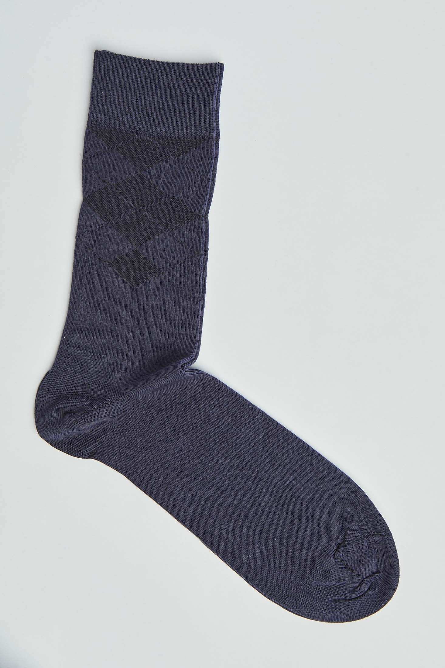 Navy blue sock with subtle diamond pattern, men's fashion accessory on white background