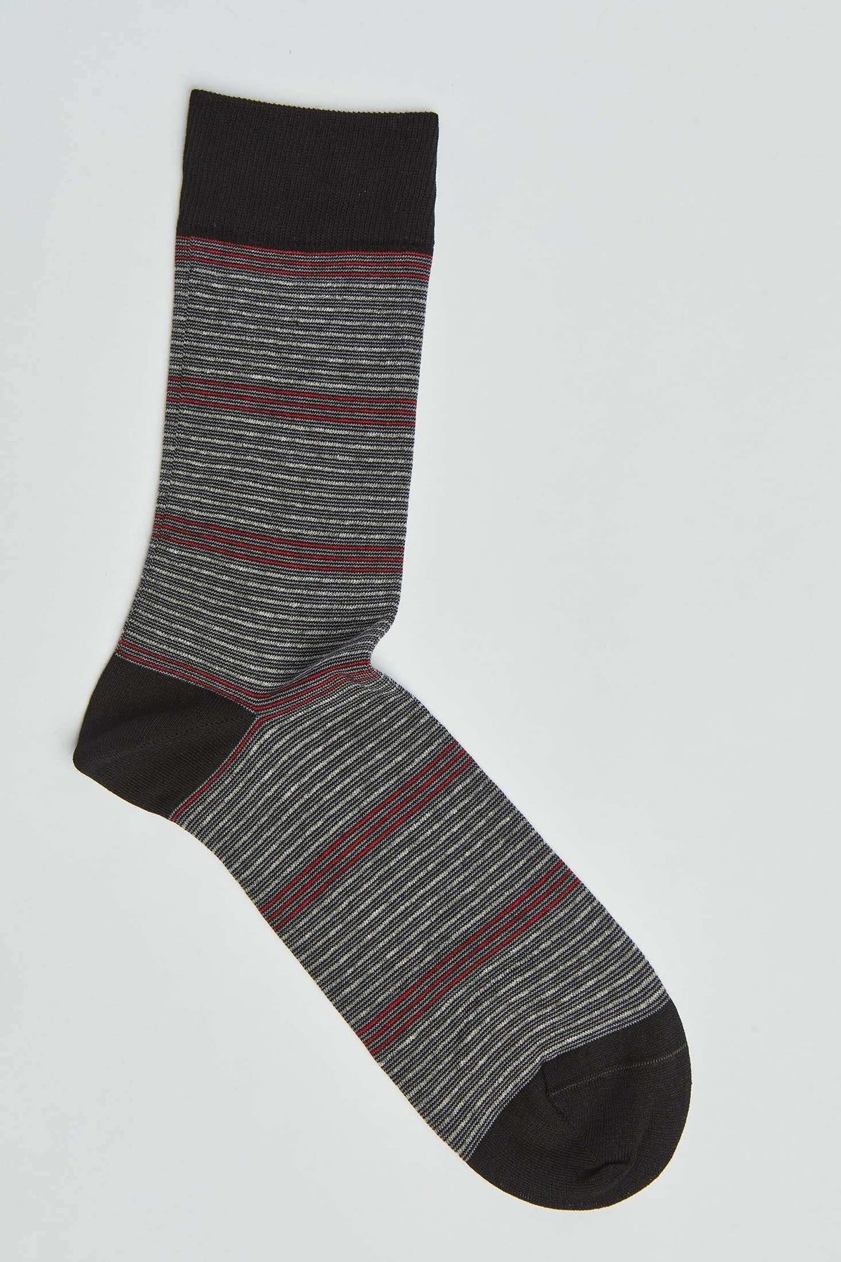 Men’s striped dress sock in black, grey, and red with reinforced toe and heel.