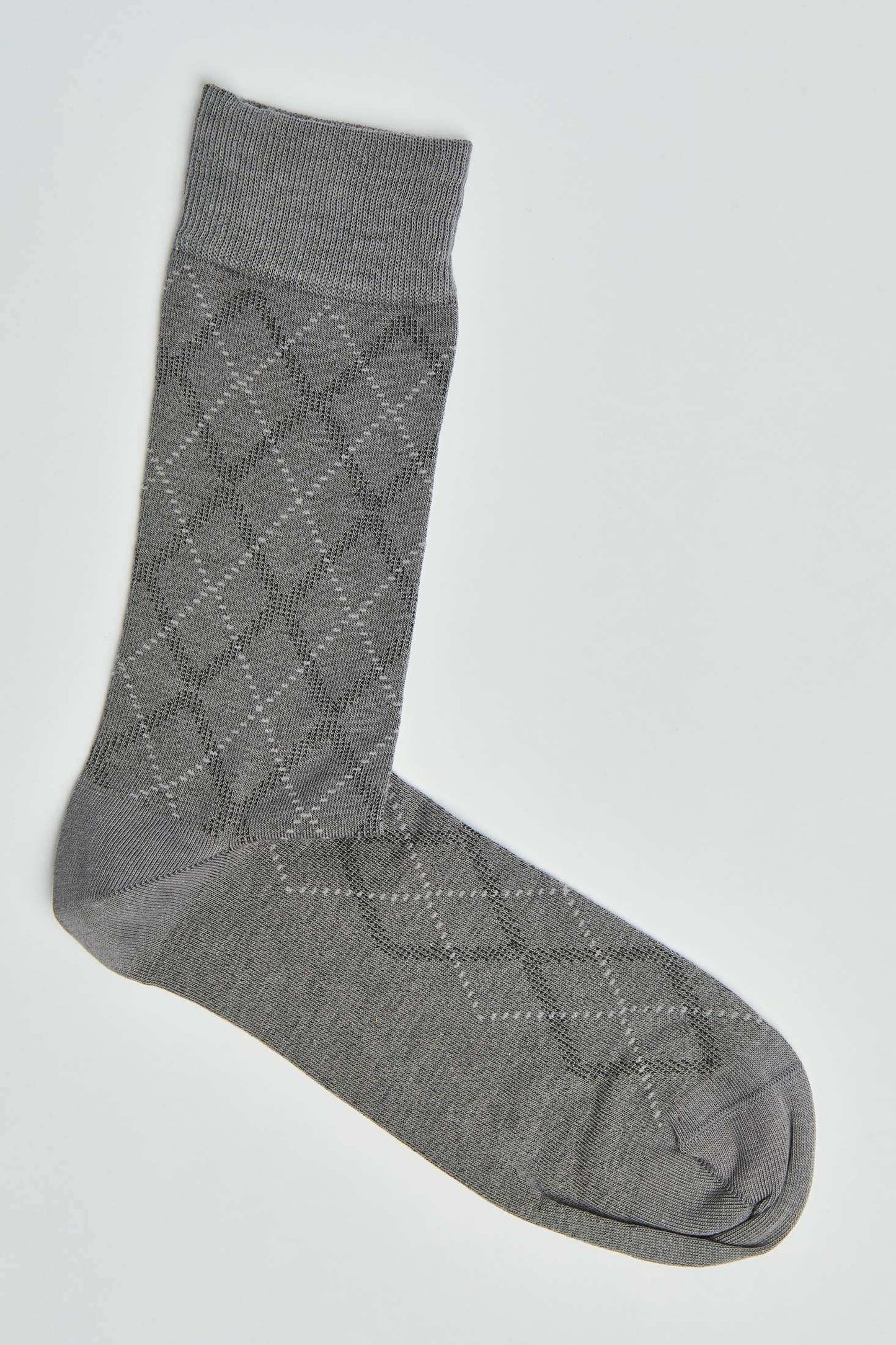 Gray dress sock with subtle diamond pattern, suitable for men's formal or business wear