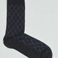 Black dress sock with blue and gray argyle pattern on white background