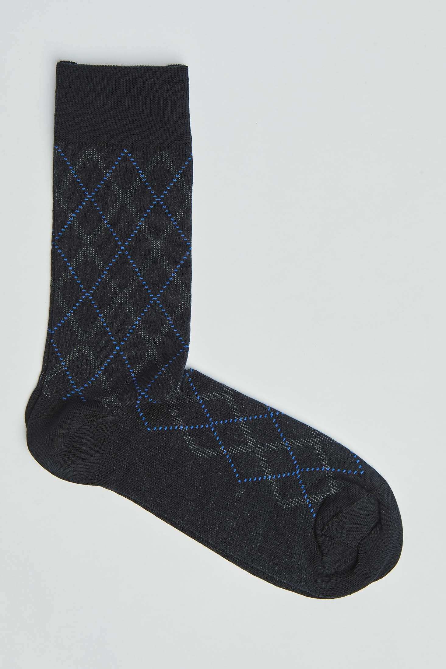 Black dress sock with blue and gray argyle pattern on white background