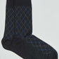 Black men's socks with blue and gray argyle diamond pattern, casual style.