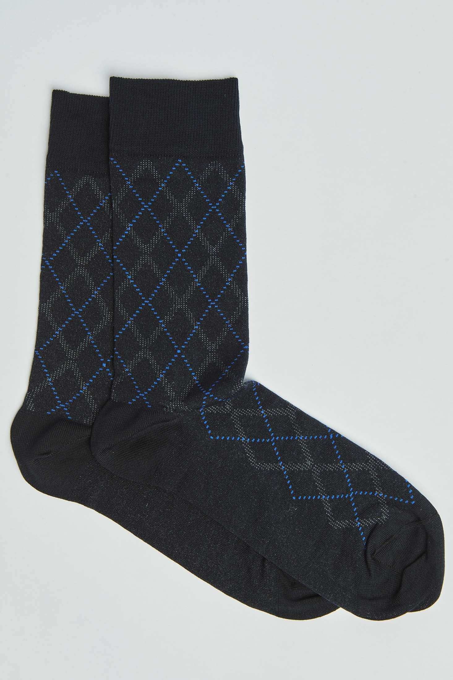 Black men's socks with blue and gray argyle diamond pattern, casual style.