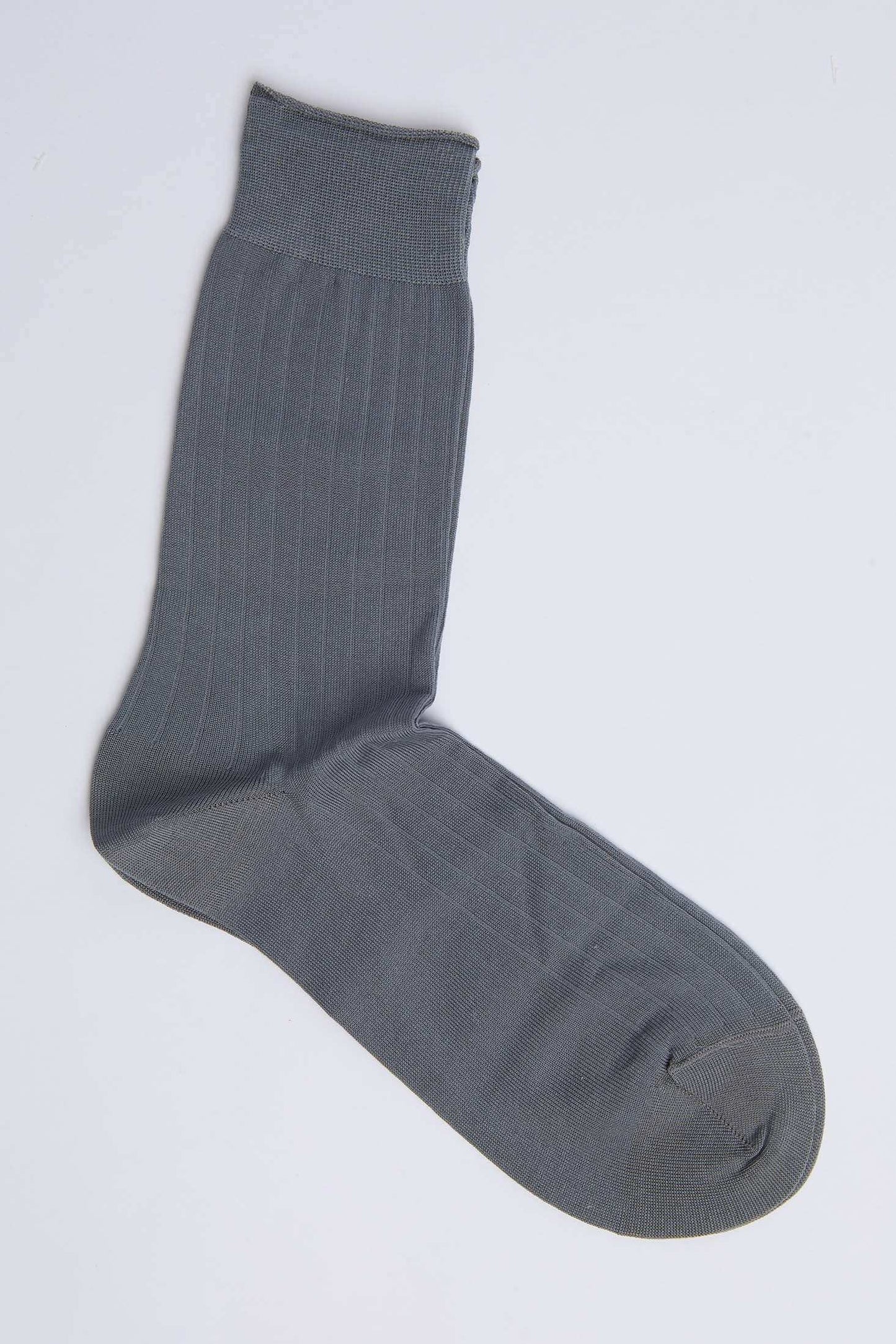 Single gray ribbed men's dress sock on a plain white background