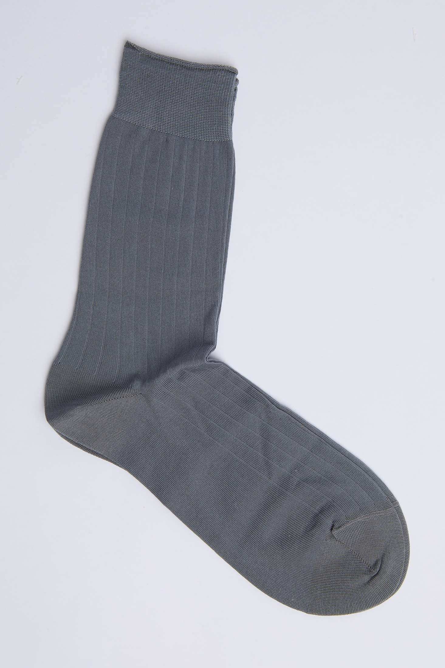 Single gray ribbed men's dress sock on a plain white background