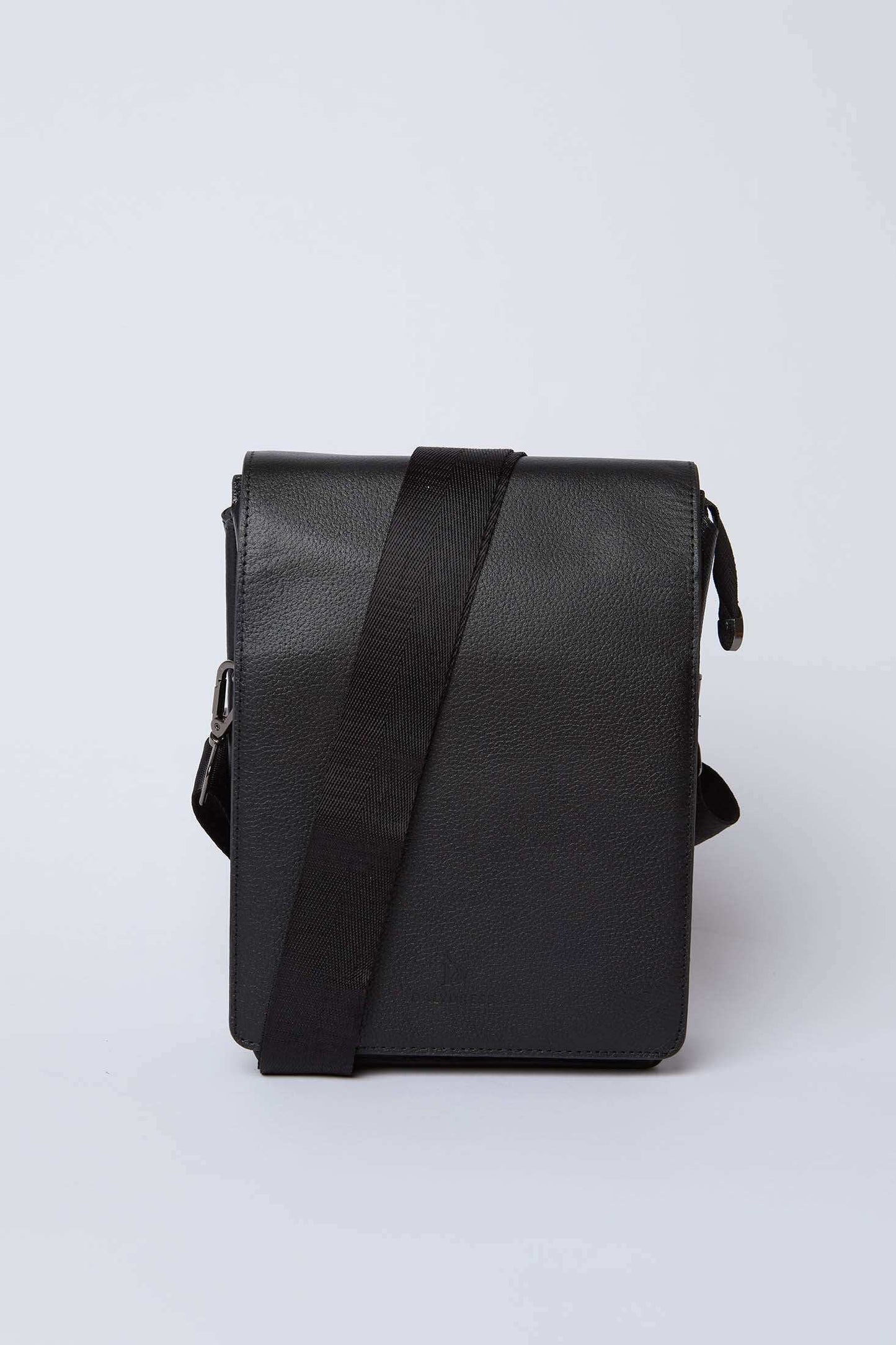 Dalydress black leather crossbody bag with adjustable strap on white background