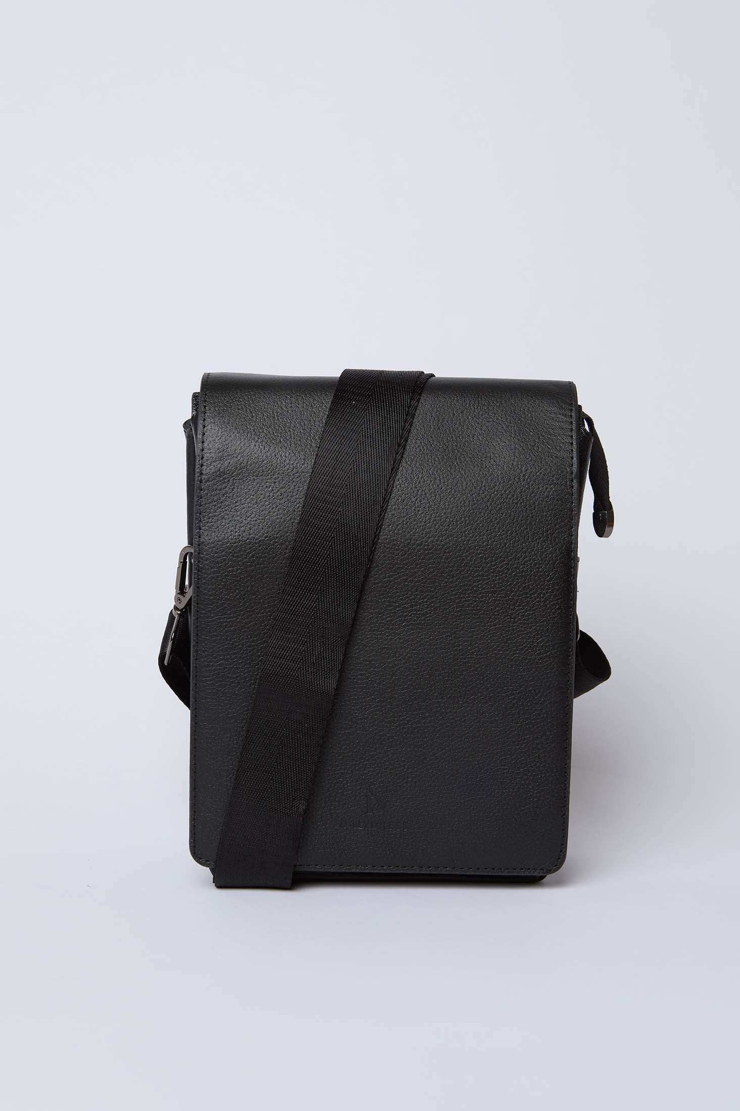 Dalydress black leather crossbody bag with adjustable strap on white background