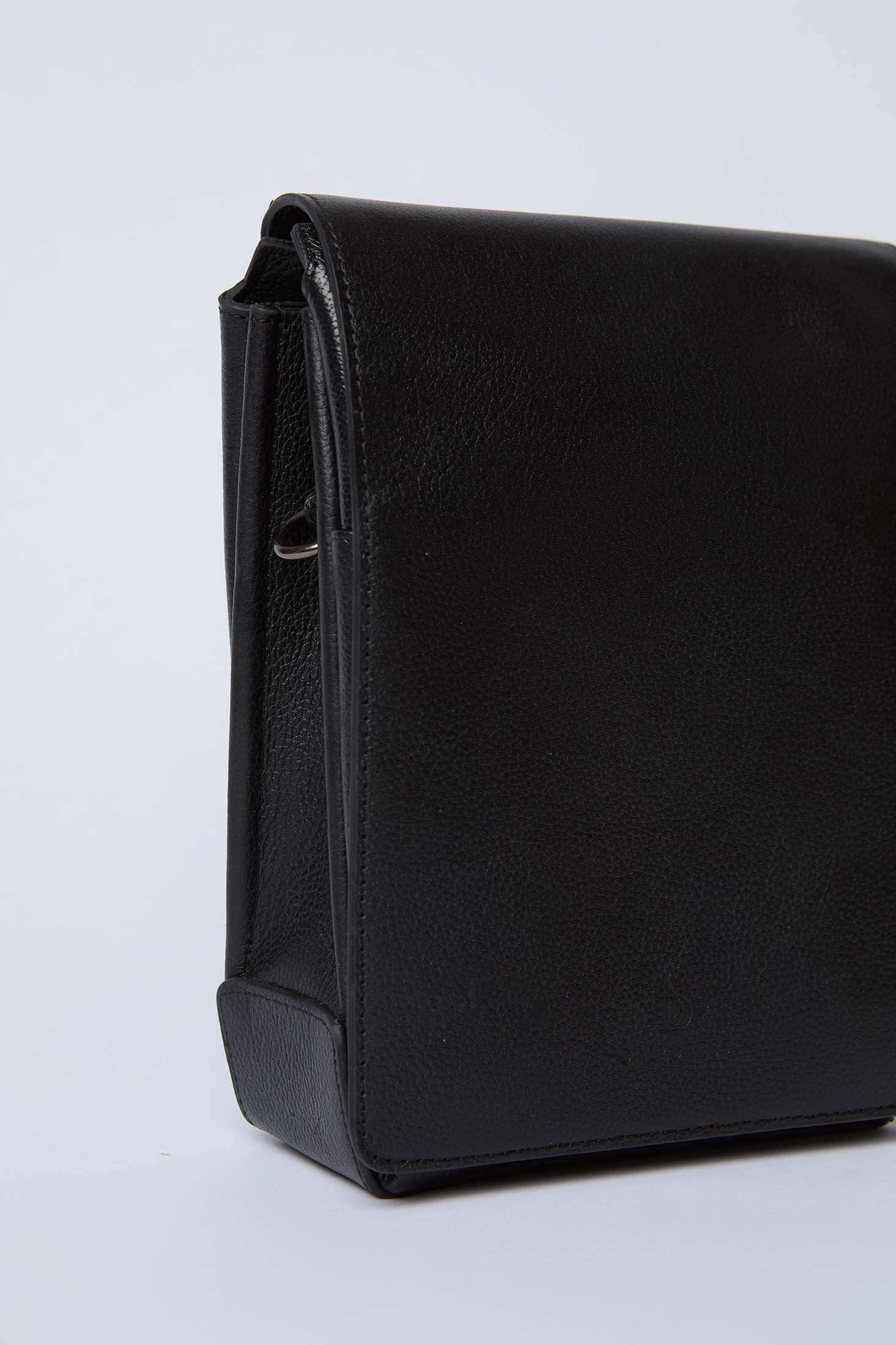 Dalydress black leather crossbody bag with flap, minimalist design on white background