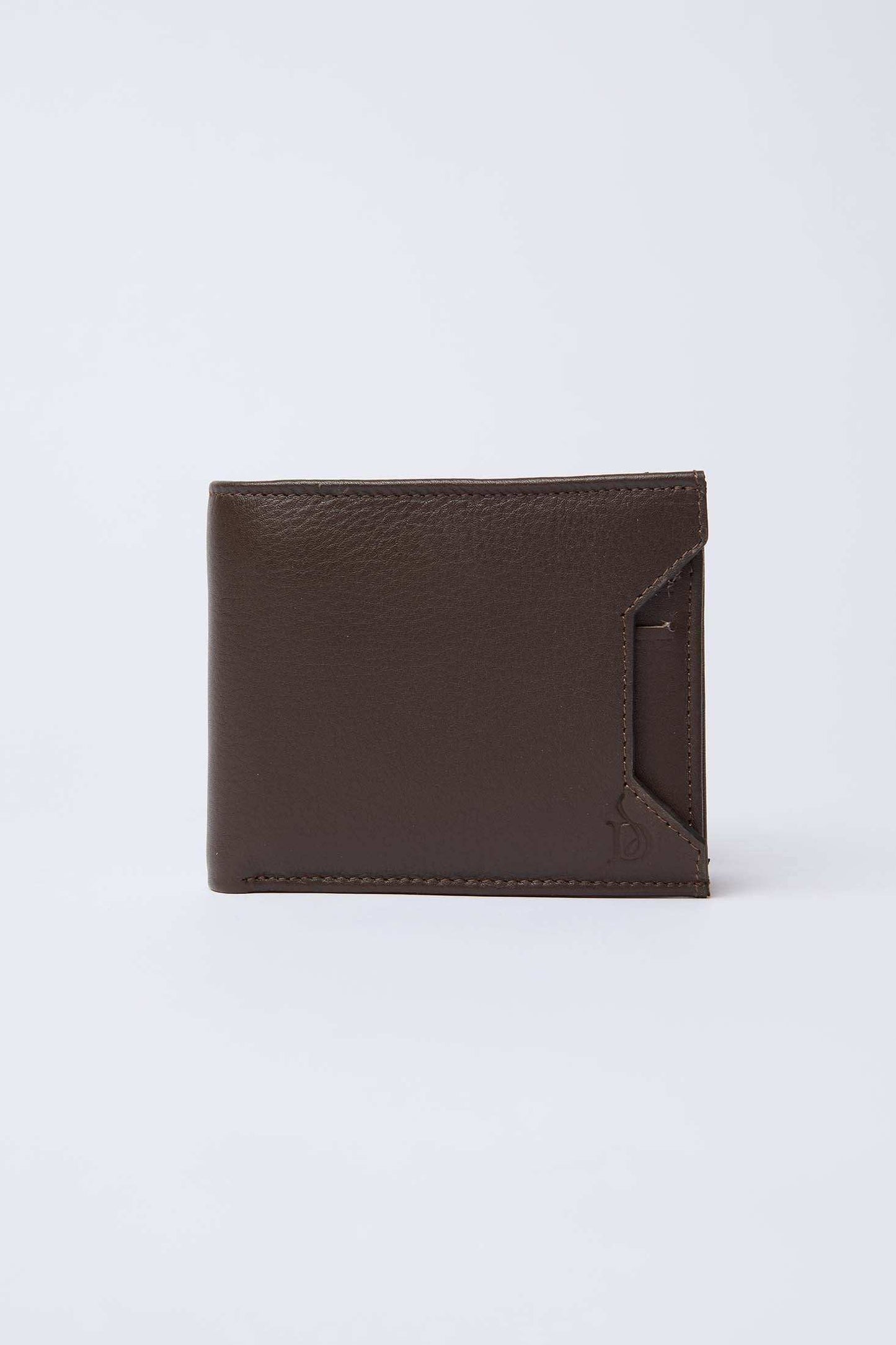Dalydress brown leather men's wallet with stitched edges on white background