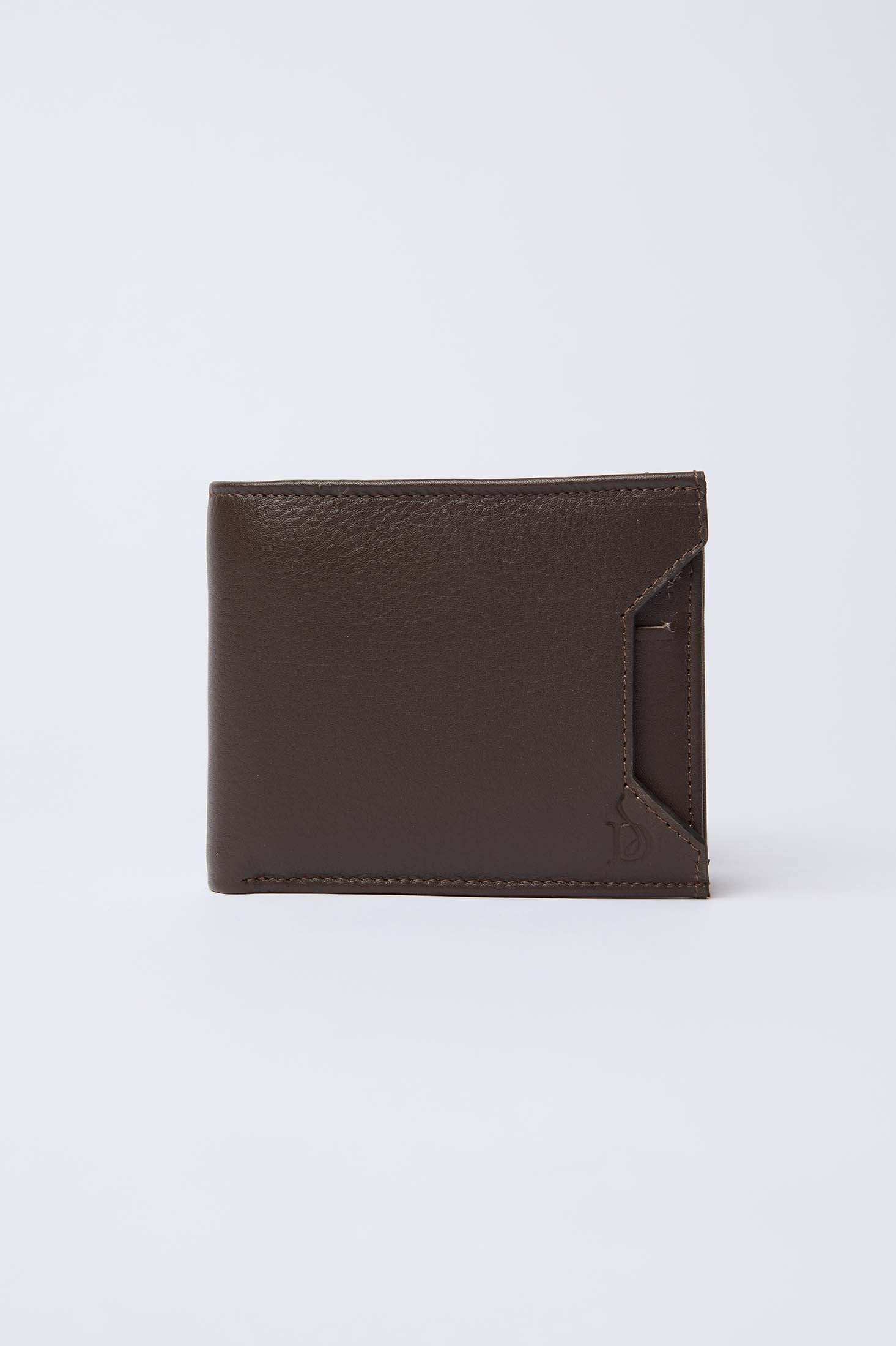 Dalydress brown leather men's wallet with stitched edges on white background