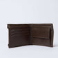 Dalydress brown leather men's wallet open, showing card slots and coin pocket, minimalist design