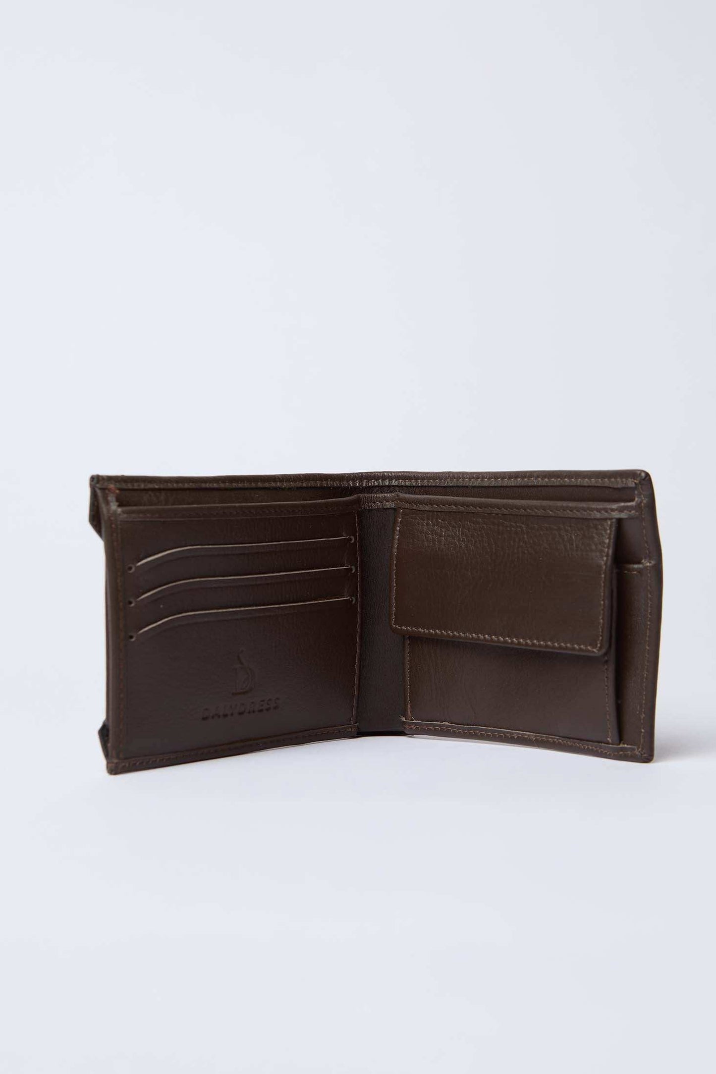 Dalydress brown leather men's wallet open, showing card slots and coin pocket, minimalist design