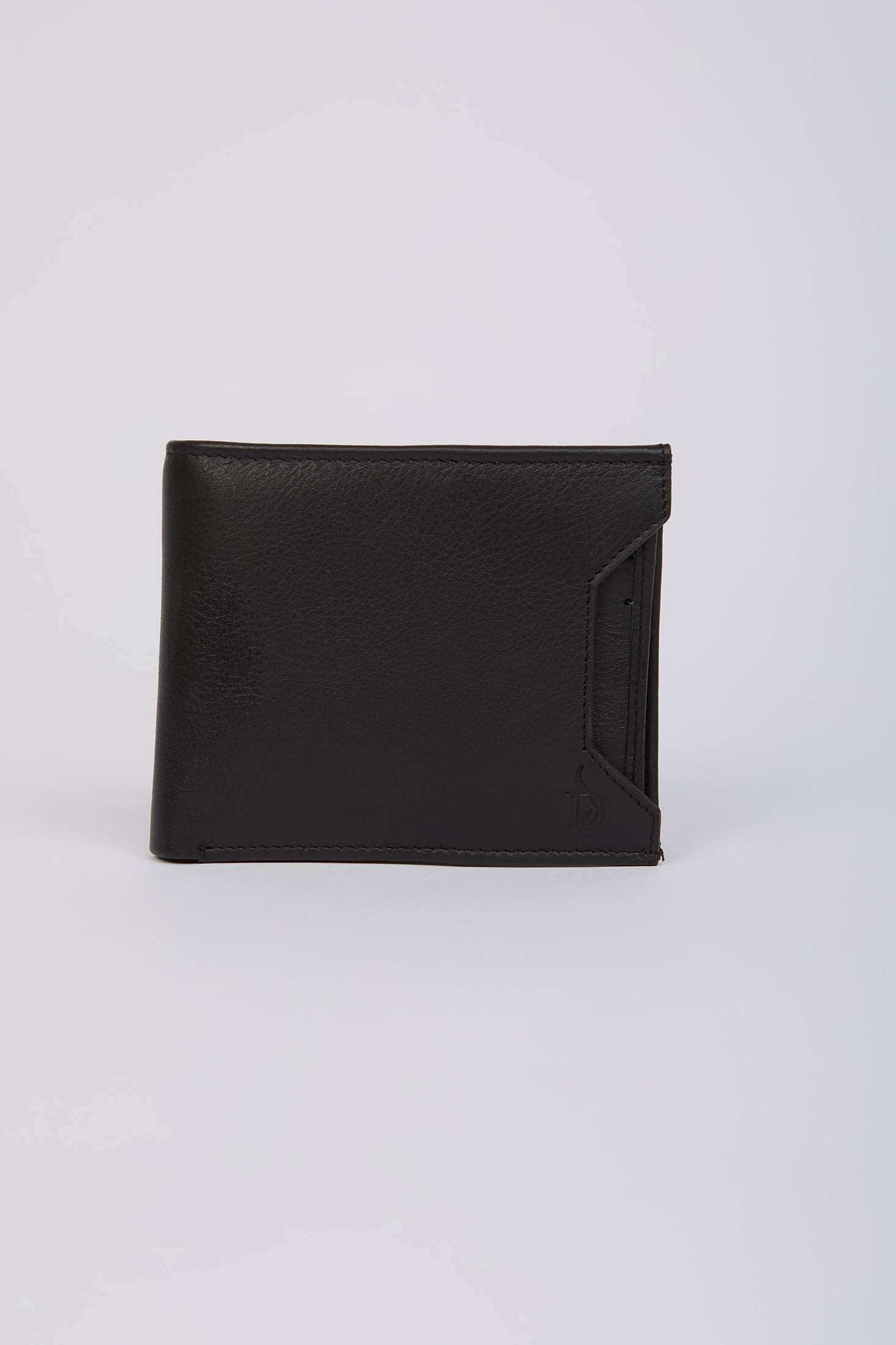 Dalydress black leather men's wallet with subtle embossed logo on white background