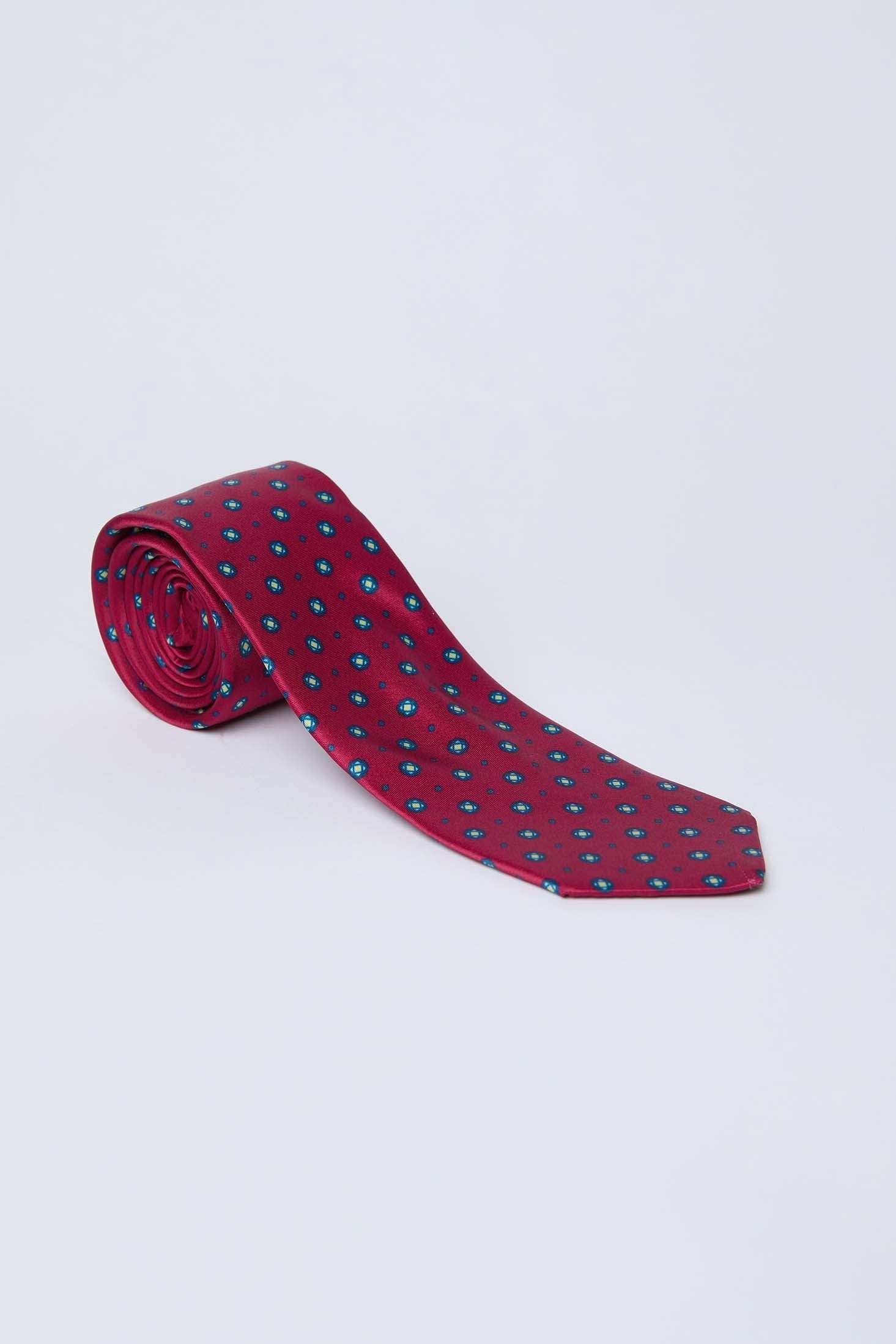 Dalydress men's red silk tie with blue polka dot pattern on white background