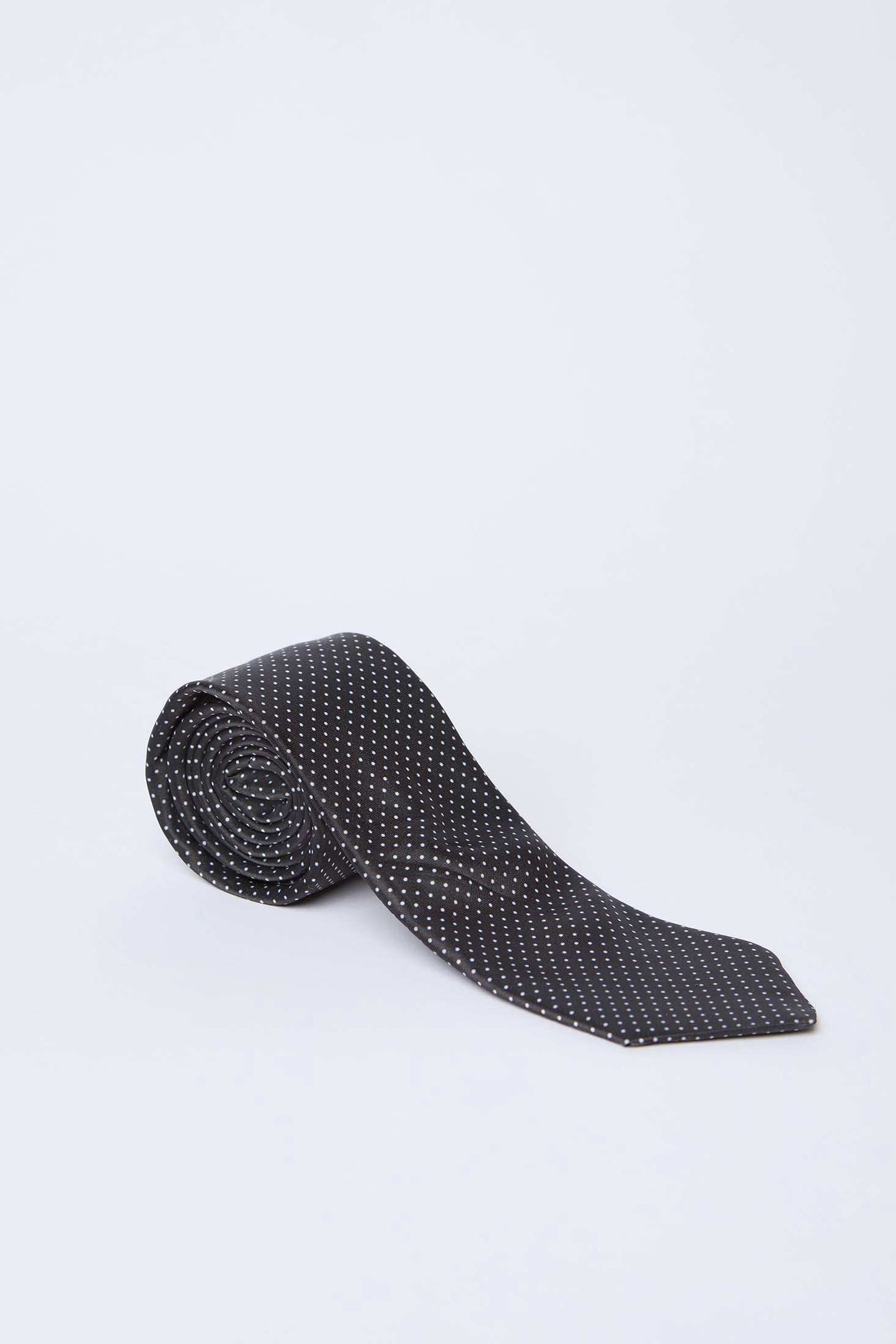 Dalydress men's black polka dot tie rolled on white background, stylish accessory