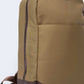 Khaki canvas backpack with brown leather accents and front pocket, side zipper detail