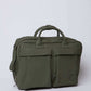 Olive green men's briefcase with dual front pockets and top handles on a plain background