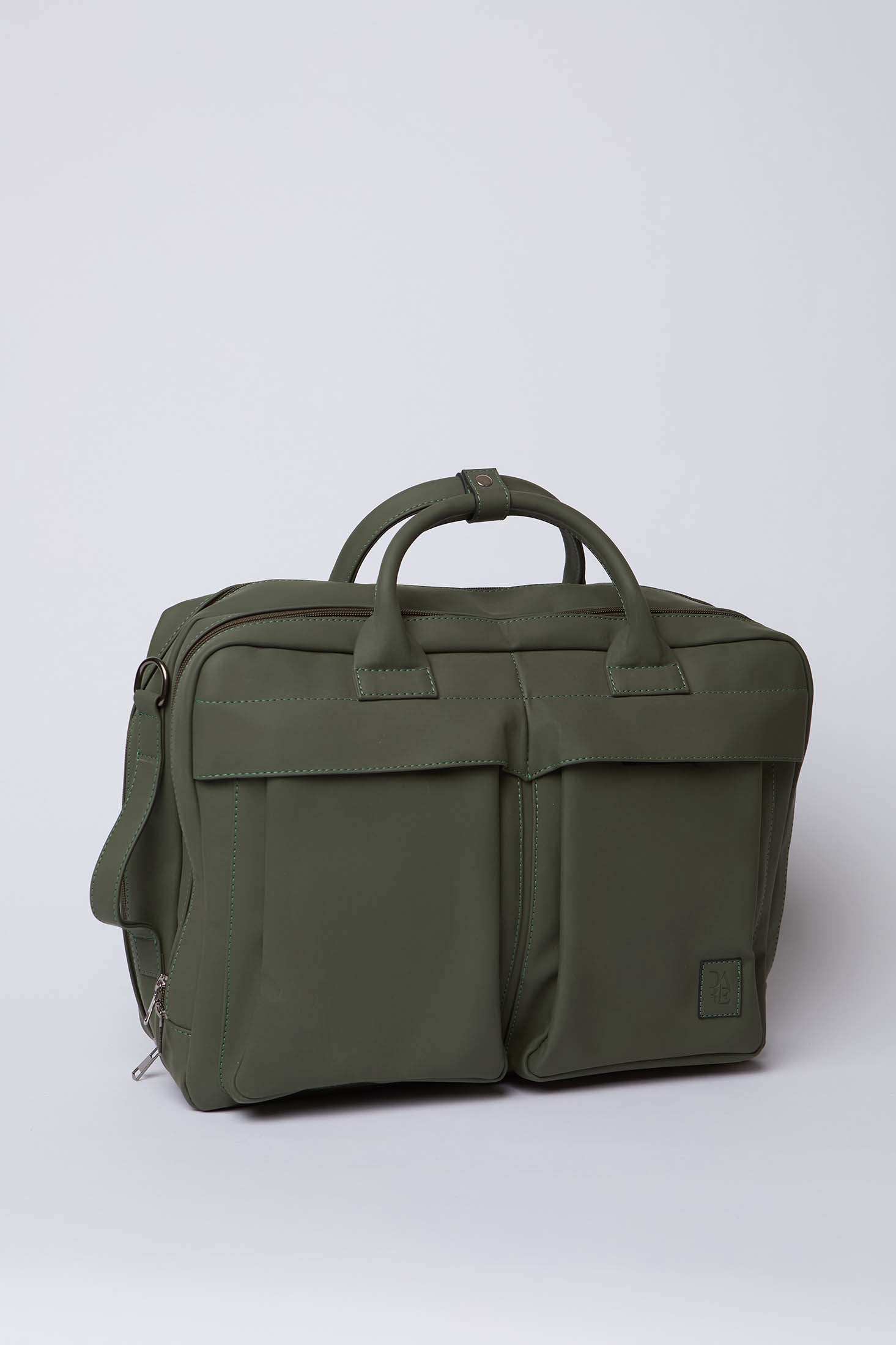 Olive green men's briefcase with dual front pockets and top handles on a plain background