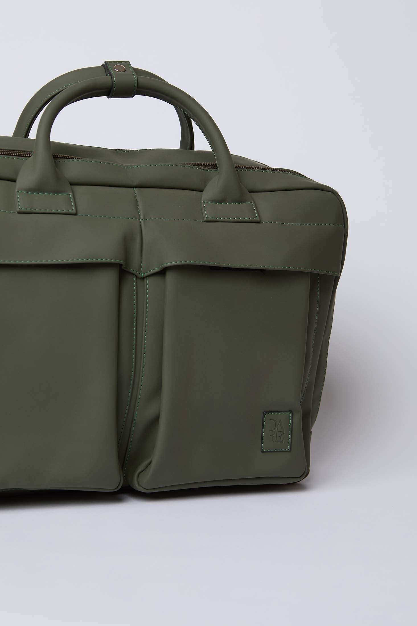 Olive green leather briefcase with dual handles and front pockets on a plain background