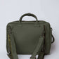 Olive green men's laptop bag with detachable shoulder strap, back view on white background