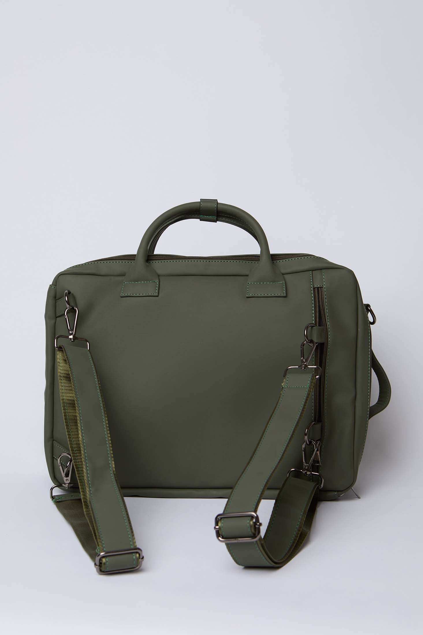 Olive green men's laptop bag with detachable shoulder strap, back view on white background