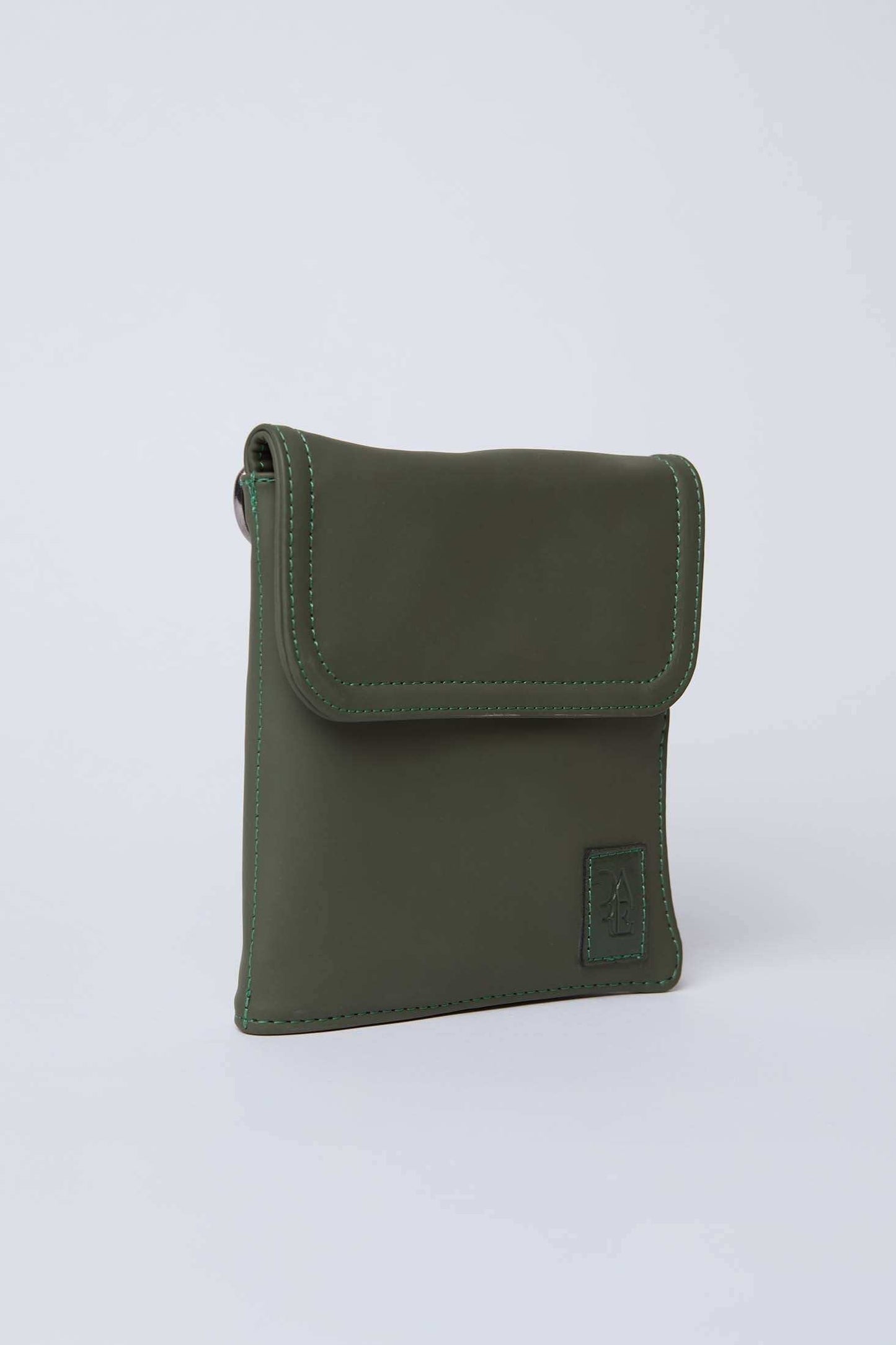Olive green crossbody bag with flap closure and subtle stitched detailing