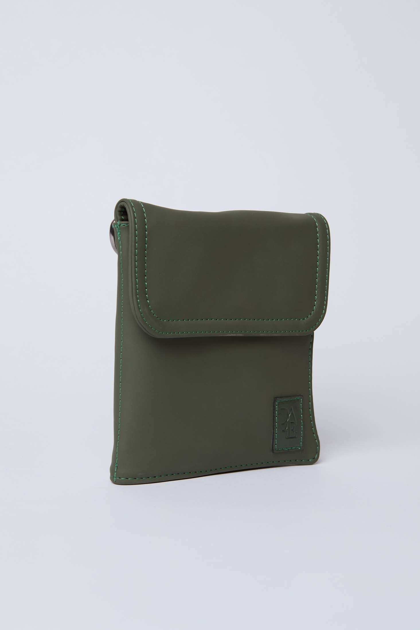 Olive green crossbody bag with flap closure and subtle stitched detailing