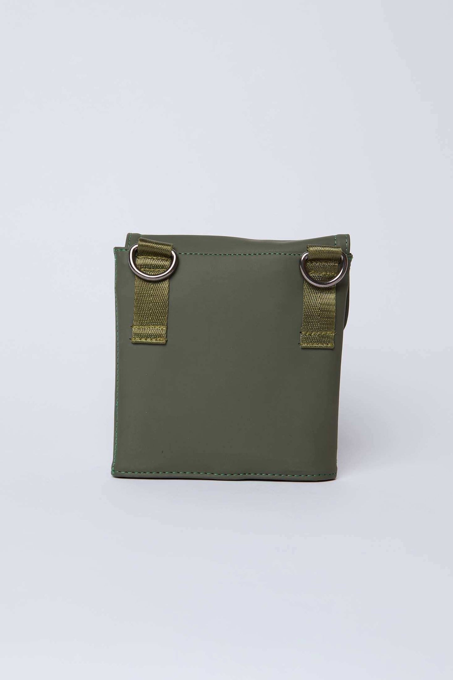 Olive green square crossbody bag with D-ring hardware, minimalist design on white background