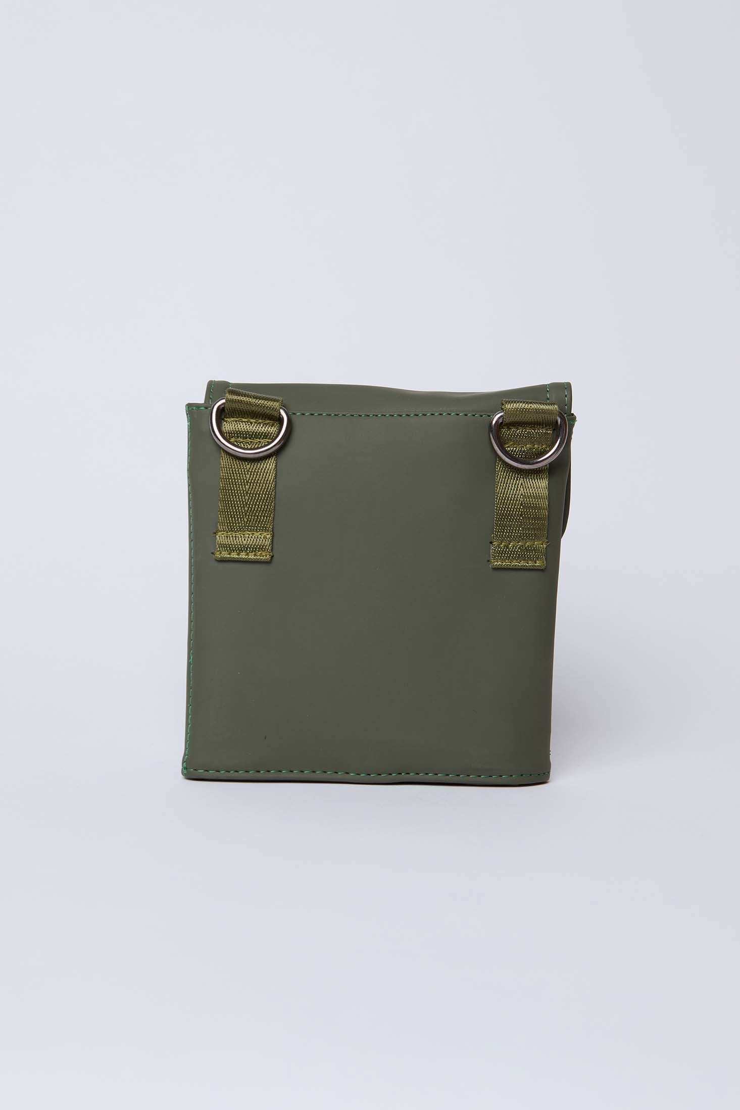 Olive green square crossbody bag with D-ring hardware, minimalist design on white background