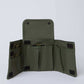 Olive green foldable organizer pouch with multiple compartments and snap closure