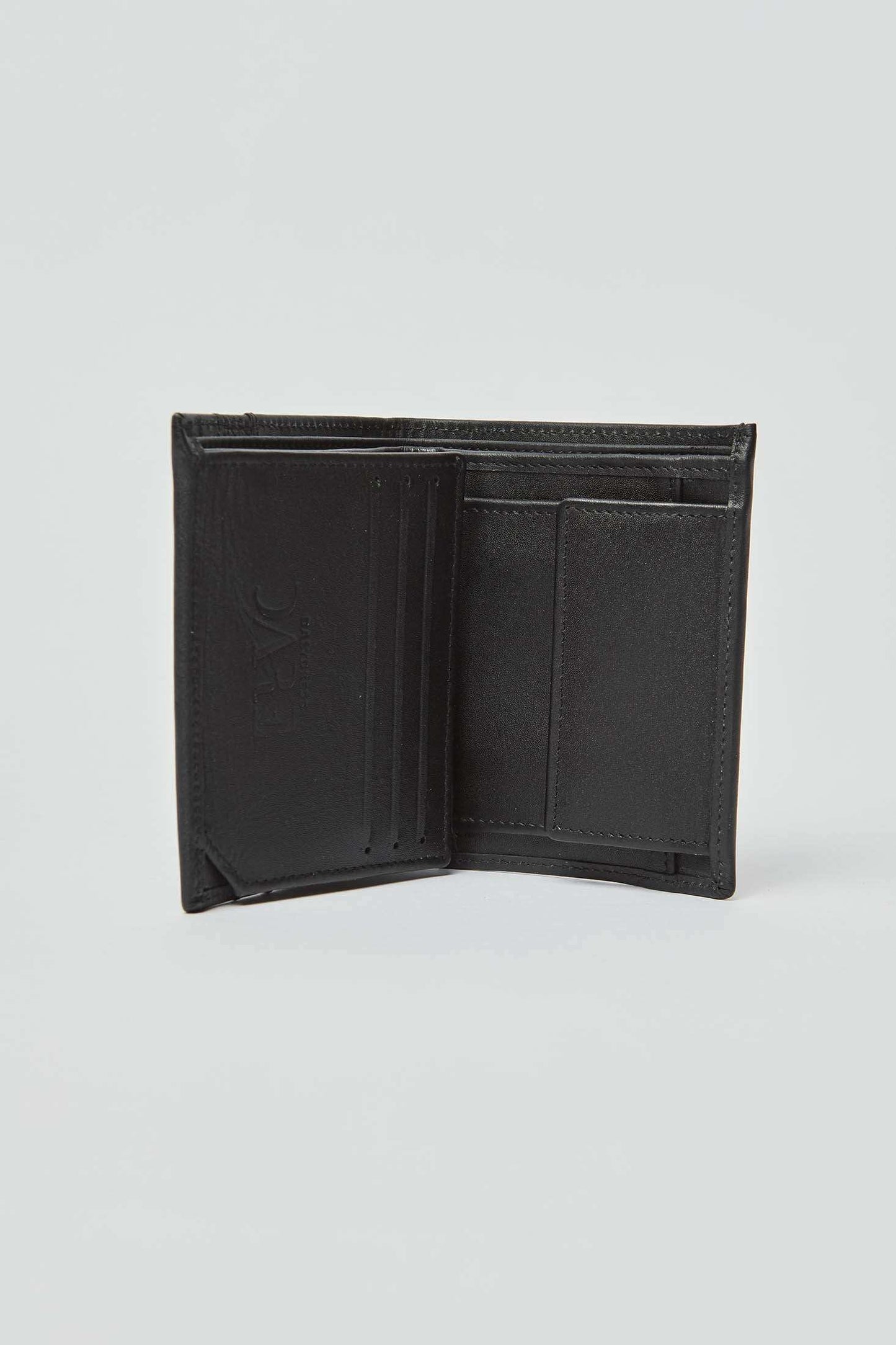 Open black leather wallet with card slots on white background